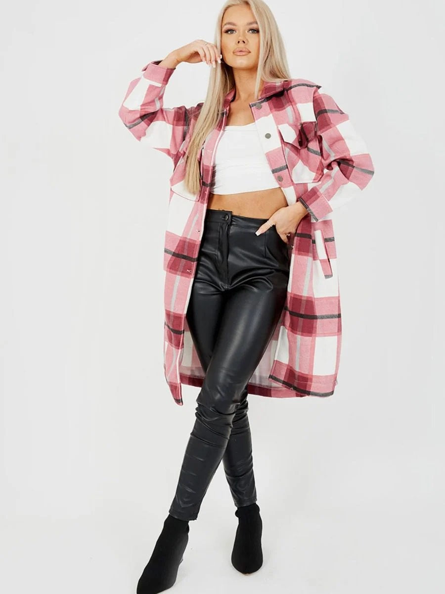 Longline Thick Colour Block Checked Shirt Jacket Shacket