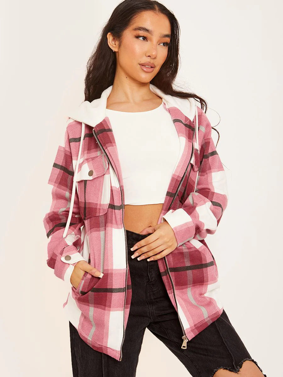 Hooded Thick Colour Block Checked Shirt Jacket Shacket