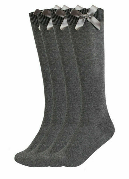 Girls Charcoal Knee High Socks With Bow.