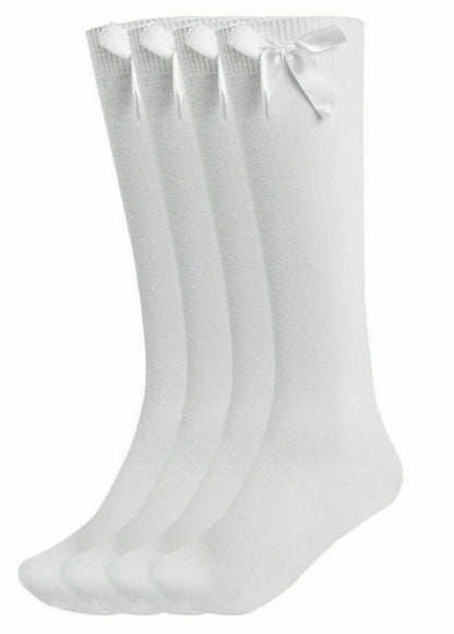 Girls Knee High Socks With Bow In White.