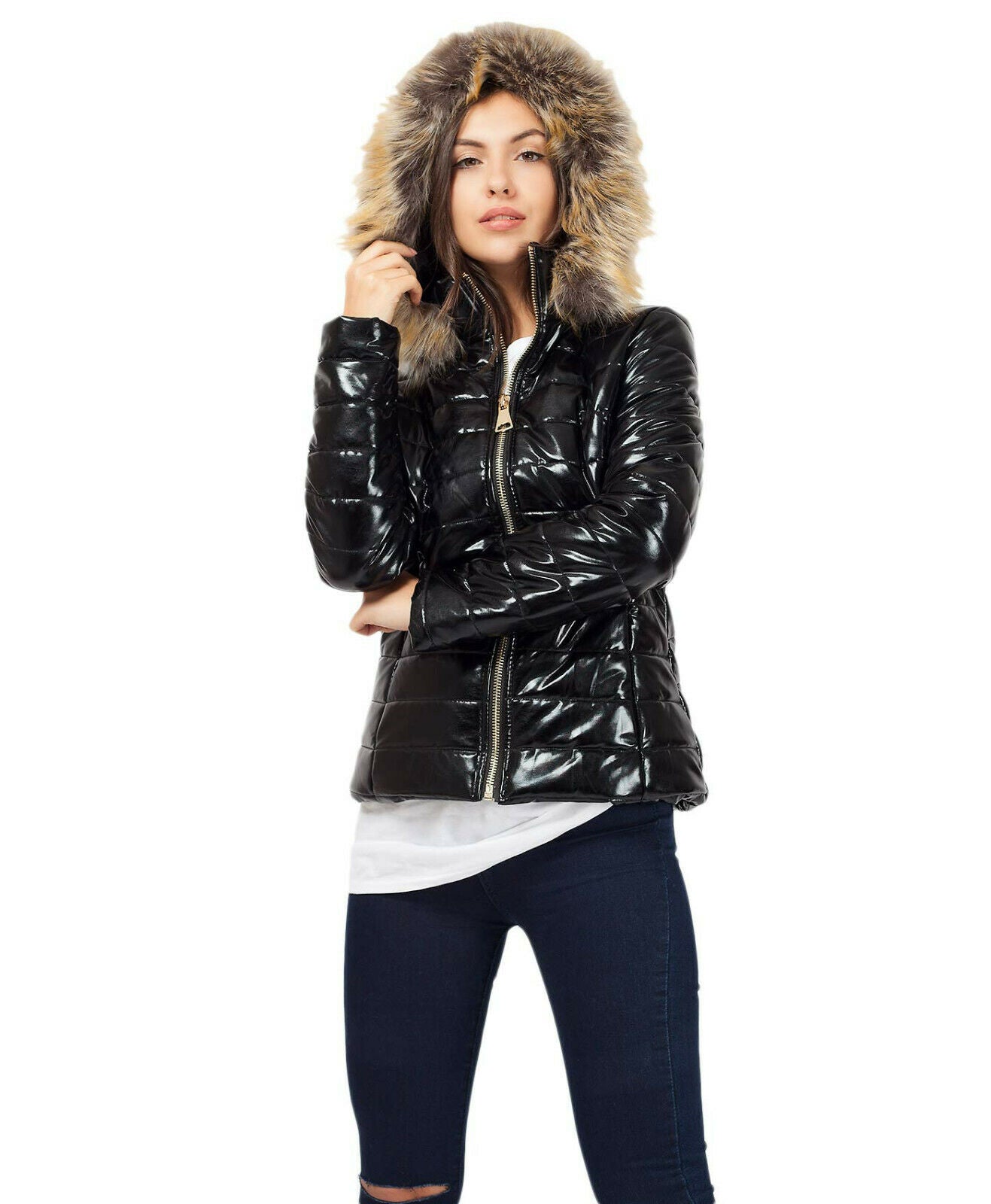 Ladies Black Padded Fur Hooded Coat.