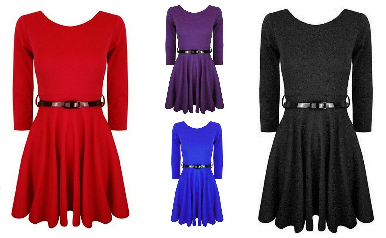 Girls skater dress with belt Long sleeved  Black, Blue, Red, Purple,Neon Pink, Floral , Floral lettering Design Ages  7-8, 9-10, 11-12, 13 100% Polyester