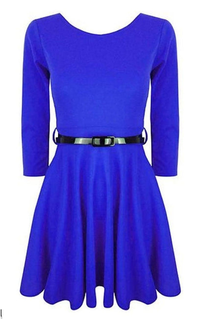 Girls Plain Blue Skater Dress With Belt, Long Sleeve, Ages 7-8, 9-10, 11-12, 13