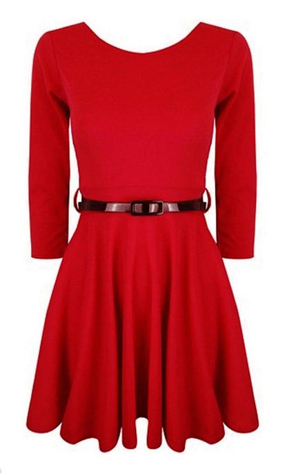 Girls Plain Red Skater Dress With Belt, Long Sleeve, Ages 7-8, 9-10, 11-12, 13