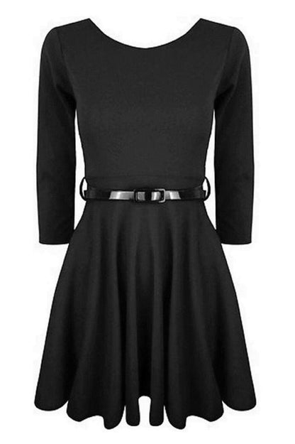 Girls Plain Black Skater Dress With Belt, Long Sleeve, Ages 7-8, 9-10, 11-12, 13