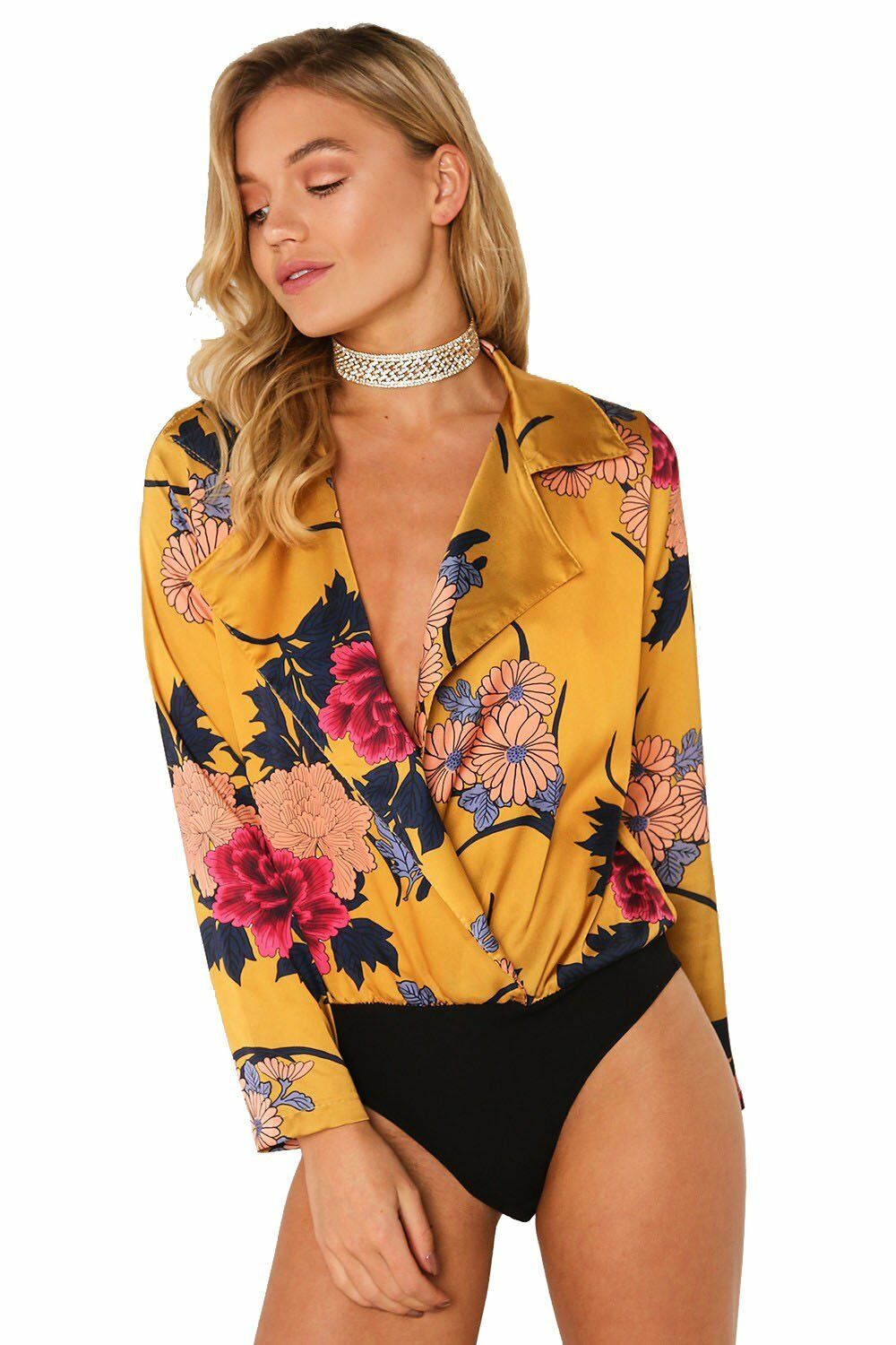 Ladies Gold Plunge Neck Long Sleeve Body Suit.