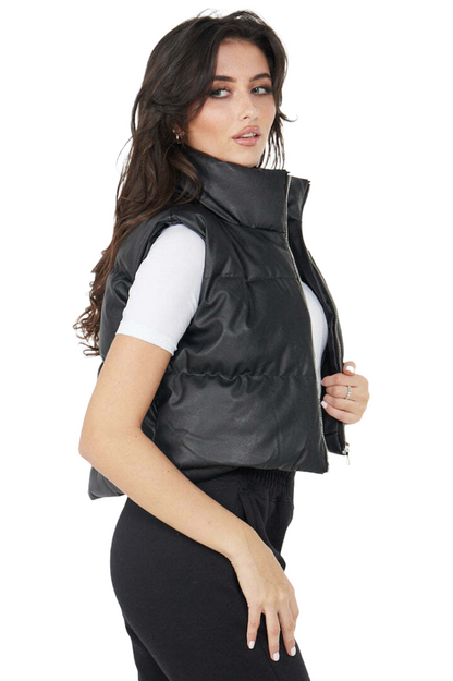 Faux Leather Puffer Padded Gilet Cropped Jacket