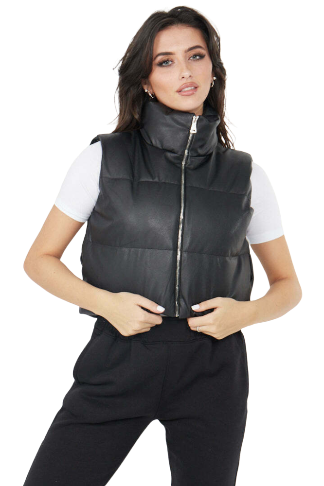 Faux Leather Puffer Padded Gilet Cropped Jacket