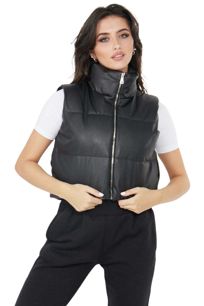 Faux Leather Puffer Padded Gilet Cropped Jacket