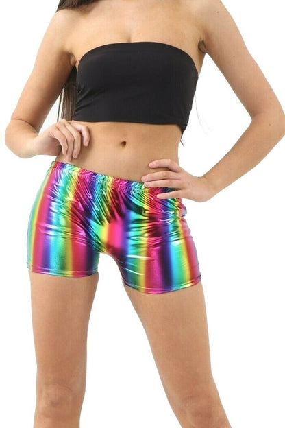 Unisex Shiny Metallic Rainbow Pride Hot Pants Shorts