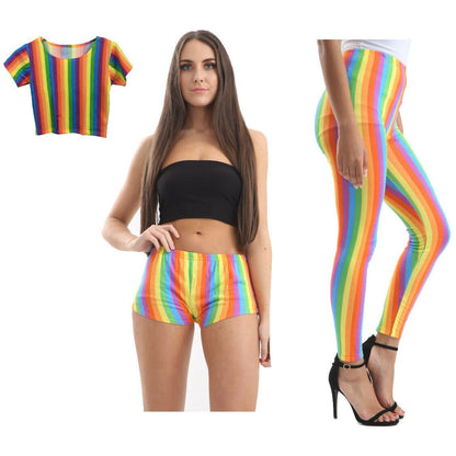 Festival Pride Rainbow Striped Outfit - Crop Top, Leggings & Hotpants