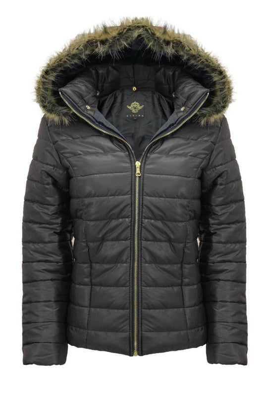 Wet Look Padded Coat with Faux Fur Detachable Hood