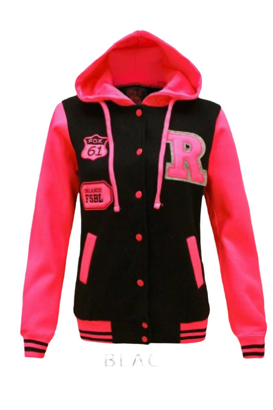 Ladies Black & Neon Pink Varsity Jacket.