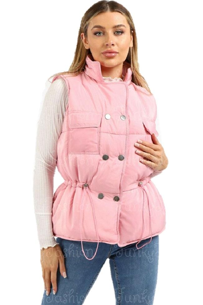 Ladies Sleeveless Pink Quilted Gilet, Sizes XS-S (6-8), S-M (10-12), L-XL (14-16), Two Front Pockets, Button Fastening, Elasticated Waist Detail, 100% Polyester