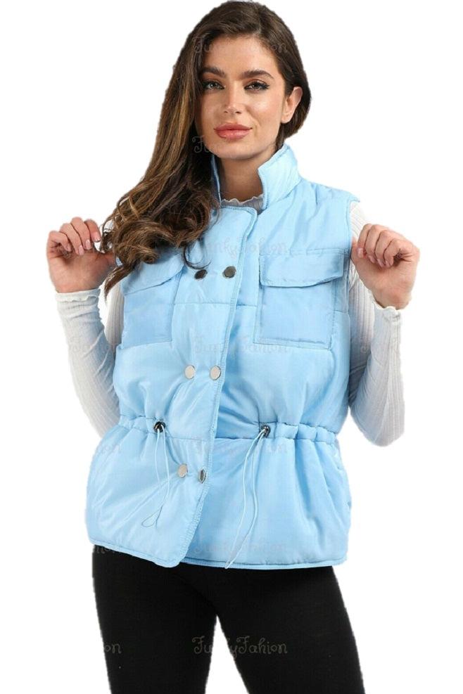 Ladies Sleeveless Sky Blue Quilted Gilet, Sizes XS-S (6-8), S-M (10-12), L-XL (14-16), Two Front Pockets, Button Fastening, Elasticated Waist Detail, 100% Polyester