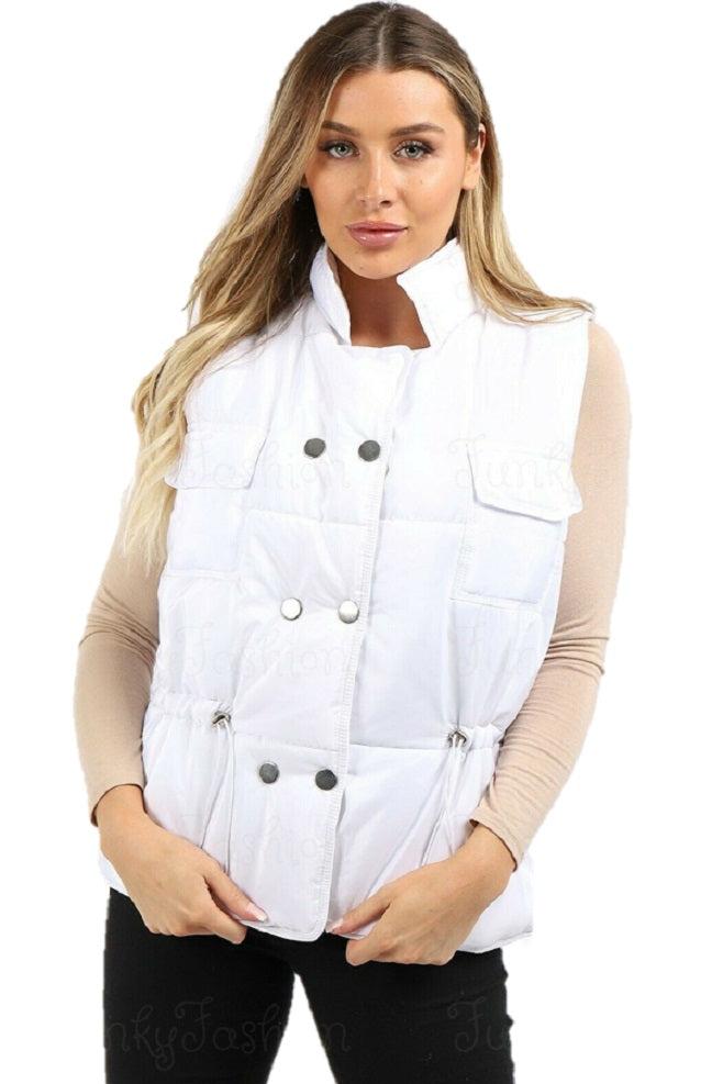 Ladies Sleeveless White Quilted Gilet, Sizes XS-S (6-8), S-M (10-12), L-XL (14-16), Two Front Pockets, Button Fastening, Elasticated Waist Detail, 100% Polyester